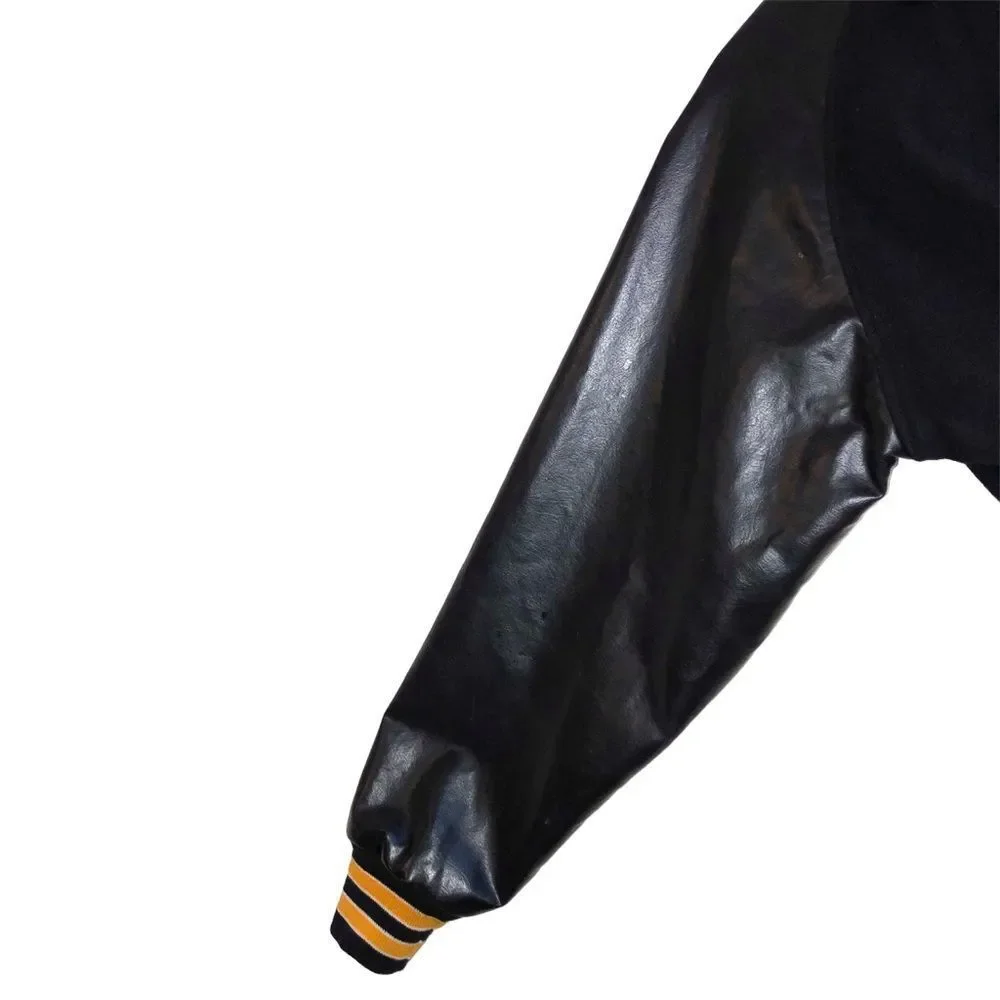 Vintage 90's Y2K Black Wool & Faux Leather Varsity Letterman Bomber Jacket